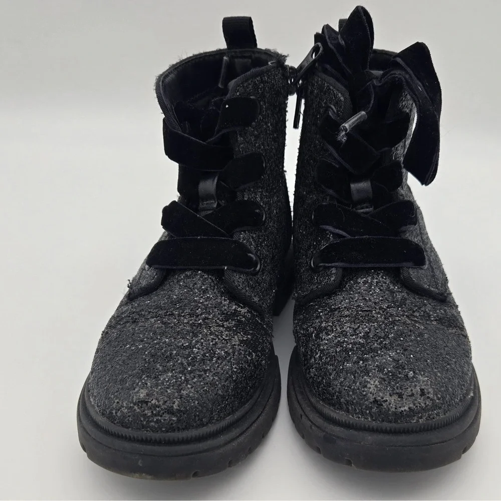 Cat &‎ Jack Girls Black Glitter Combat Boots Side Zip Velvet Laces Size 10